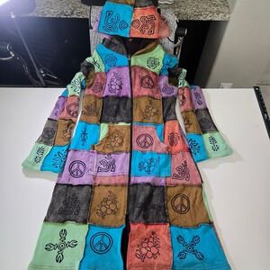 KPC Patchwork Hoodie Coat XXL Boho Block Print Fleece Lined Long Jacket Nepal